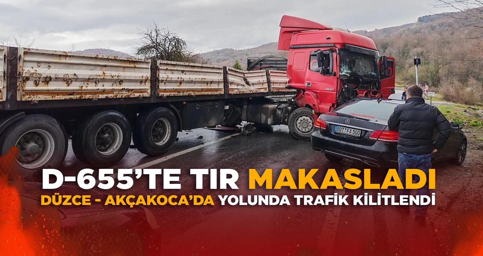 KAYGAN ZEMİNDE KONTROLDEN &Ccedil;IKAN TIR YOLU KAPATTI: D-655&rsquo;TE UZUN ARA&Ccedil; KUYRUKLARI